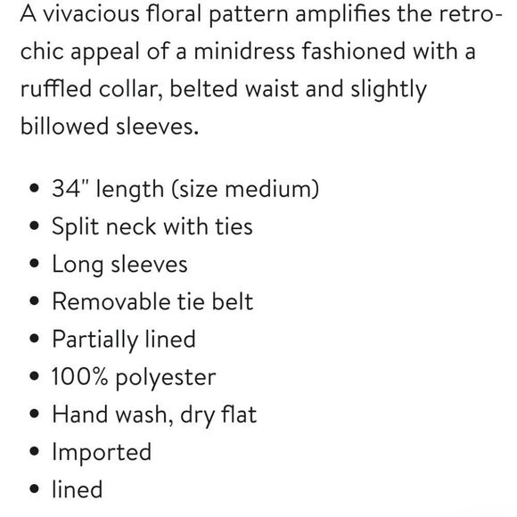 Drea Floral Print Long Sleeve Mini Dress By Ciebon NWT SZ. Small No Belt - Picture 6 of 8